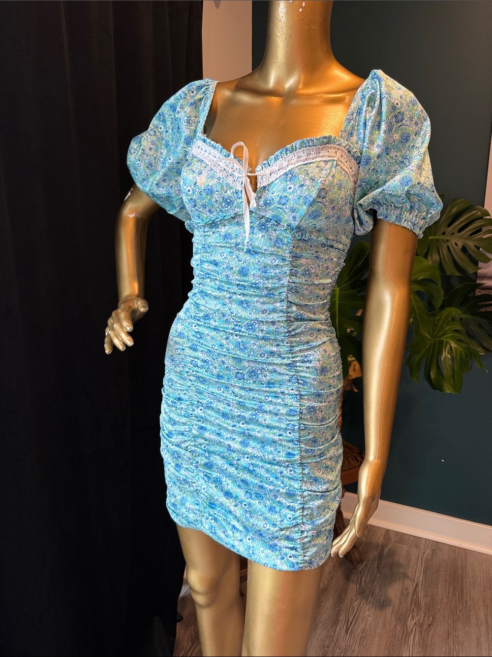 For Love & Lemons Blue Floral Puff-Sleeve Ruched Mini Dress